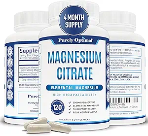Purely Optimal Magnesium Citrate 500mg – Magnesium Supplement for Digestive Health, Gentle Constipation Relief, Muscle & Sleep Support, Calm & Relaxation – High Absorption, 120 Easy-to-Swallow Caps