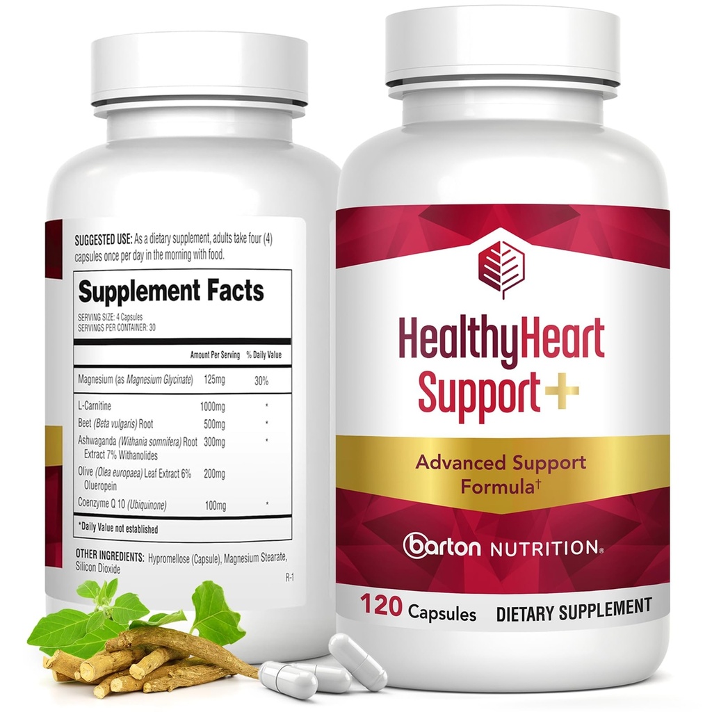 HealthyHeart Support+ 6-in-1 Heart Health Supplements with Ashwagandha, CoQ10, Beet Root, Olive Leaf, Magnesium & L-Carnitine, Made in USA, Doctor-Formulated –120 Capsules, 1 Month Supply