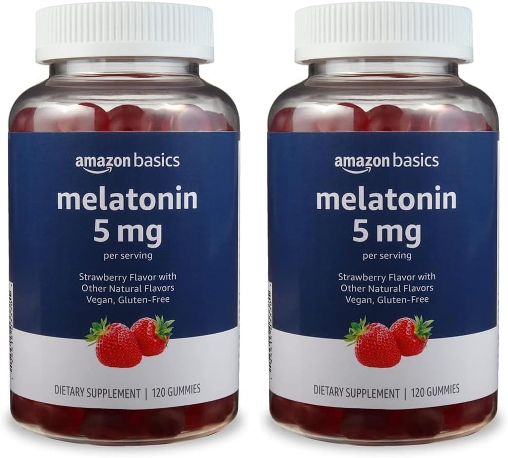   Basics Melatonin 5mg, 120 Gummies (2 per Serving), Strawberry (Previously Solimo) (Pack of 2)
