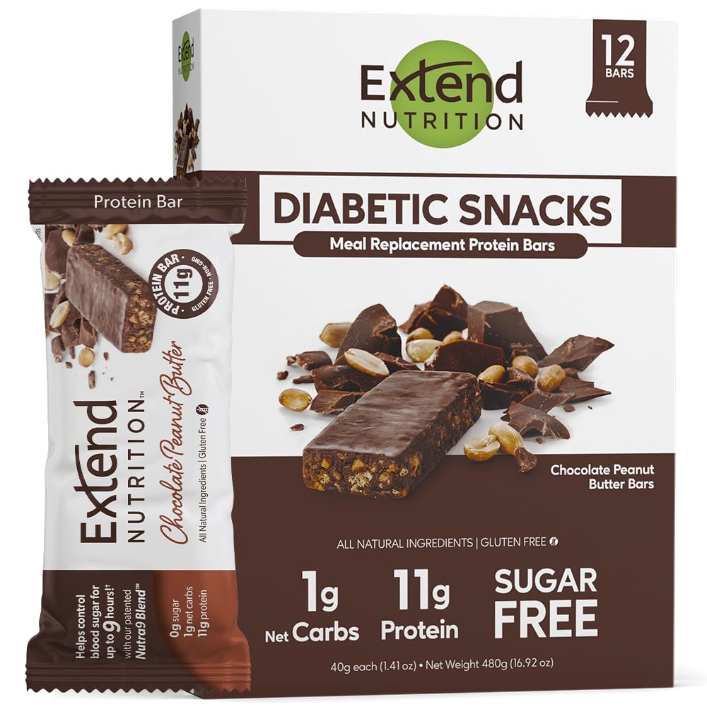 Extend Sugar Free Protein Bars, Perfect Diabetic Snacks, High Protein and Fiber, Hunger Control & Steady Energy, Low Carb, Keto Friendly (12 Count, Chocolate Peanut Butter)