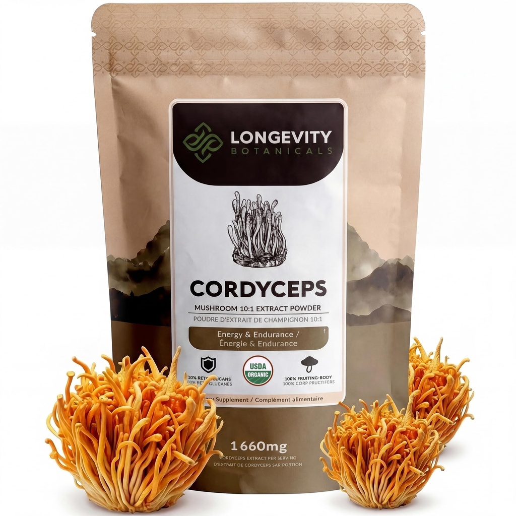 Longévité Botaniques Organic Cordyceps Extrait de champignons Poudre 100g.Concentré 10:1 Ratio.