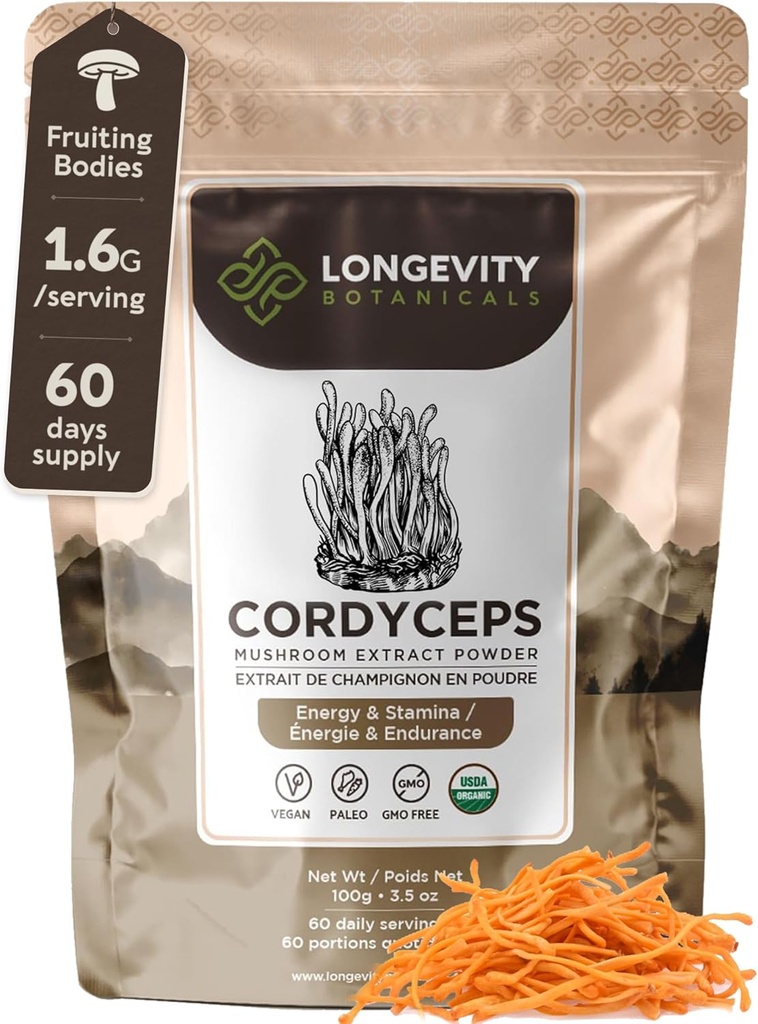Longévité Botaniques Organic Cordyceps Extrait de champignons Poudre 100g.Concentré 10:1 Ratio.