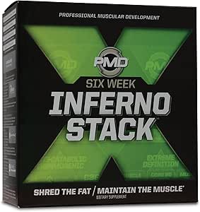 PMD Sports Six Week Inferno Stack - Maximum Strength Fat Burner and CLA Omega Fatty Acid to Lose Fat Fast and Increase Muscle Tone - Arsenal X Inferno/120 Liquid Gels, Omega Cuts Elite/180 Softgels