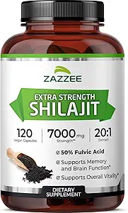 Zazzee 100% Himalayan pur Shilajit 20:1 Extrait, 7000 mg de force par capsule, 50% acide fulvic, 120 portions par bouteille, 20X puissance, riche en minéraux traces, non OGM, végétalien, fabriqué aux États-Unis
