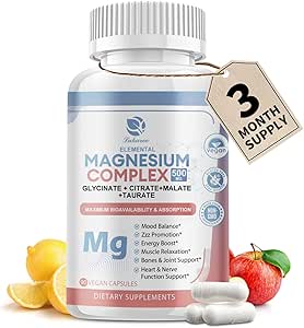Supplément de magnésium 500mg, Glycinate de magnésium, Malate, Taurate, Extraits de complexe de citrate et de plantes, haute absorption Capsules Chelate 90 Vegan non OGM pour le bien-être équilibré et la relaxation