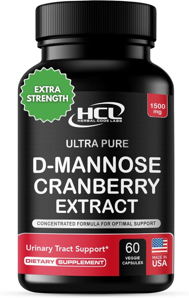 HCL HERBAL CODE LABS D-Mannose avec Capsules d'extrait de canneberge 1500mg – Supplément à haute puissance USP de grade D-mannose avec poudre de canneberge de fruits entiers – Soutien du tract urinaire – Non-OGM 60 Capsules
