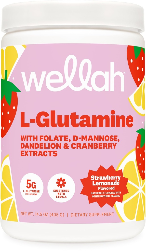 Wellah L-Glutamine Lémonade aux fraises Aromatisée (50 portions) - 5g L-Glutamine par portion, sucrée avec Stevia