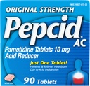 Pepcid AC D'origine Strength Heartburn Comprimés de soulagement, la médecine OTC prévient et soulage les brûlures d'estomac dues à l'indigestion acide et à l'estomac acide, 10mg Réducteur d'acide famotidine, action rapide, 90 ct