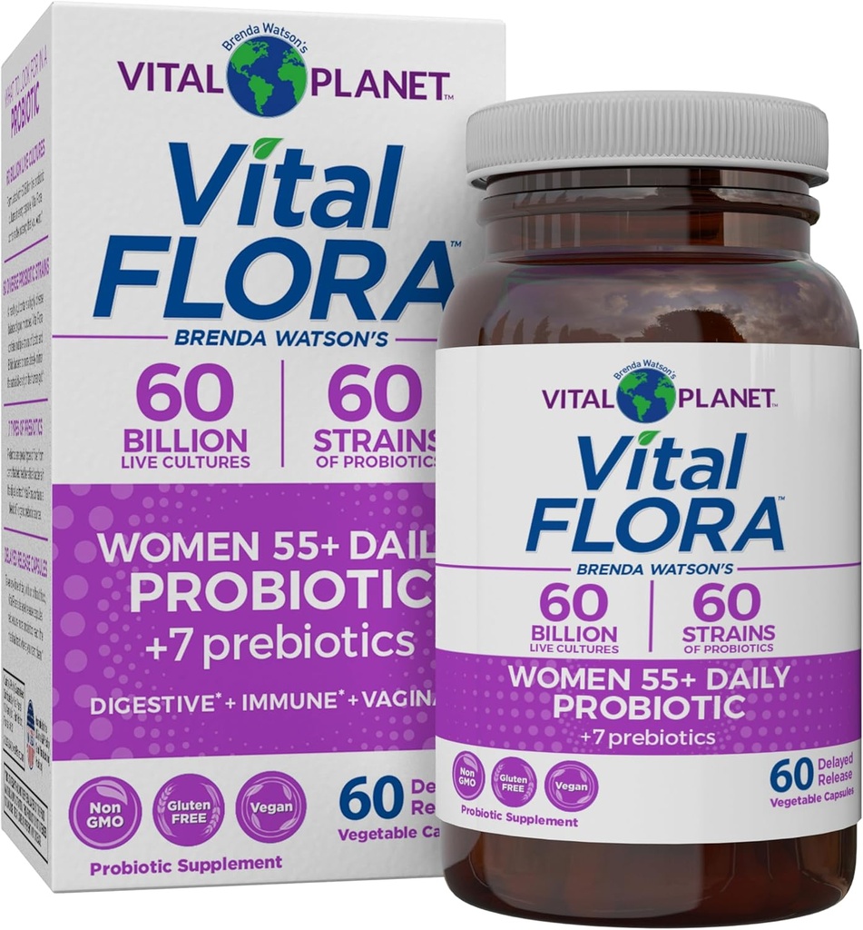 Vital Planet - Vital Flora Women Plus de 55 Probiotiques quotidiens, 60 Million CFU, différentes souches, prébiotiques organiques, soutien vaginal et immunitaire, probiotiques de santé digestive pour les femmes 60 Capsules