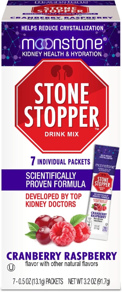Moonstone Rein Stone Stopper Drink Mix Cranberry Raspberry, Outperforms Chanca Piedra & Suppléments de soutien au rein, développé par les urologues pour prévenir les pierres de rein et améliorer l'hydratation, 7 jours d'approvisionnement