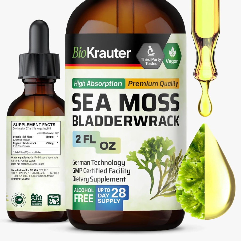 BIO KRAUTER Irish Sea Moss Drops - Supplément de mousse de mer Chondrus Crispus avec Bladderwrack - Supplément d'iode sans alcool et sans sucre - 2 Fl.Oz.