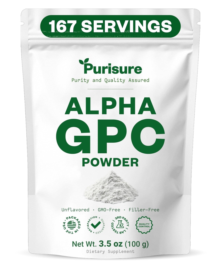 Purisure Alpha GPC Powder, Choline Supplement and Nootropics, Cognitive and Mood Support, Helps Stimulate Brain Focus, Memory Performance and Concentration, 100g, 167 Servings