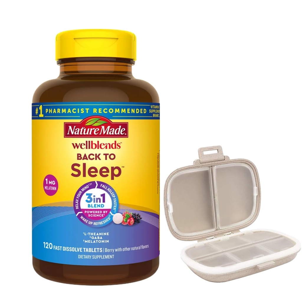 Nature Made Wellblends Back to Sleep, 120 Fast Dissolve Tablets, Lower Dose Melatonin 1 mg, L theanine 100 mg and GABA 100mg, Sleep Supplement, Bundle with a Pill Oragnizer (2 Items)