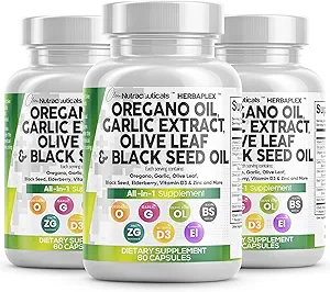 Nutraceutiques propres Huile d'origan Extrait d'ail Olive Leaf Huile de graines noires - Immune Support & Supplément de santé digestif pour les femmes et les hommes avec vitamine D3 & Zinc - 3Pack
