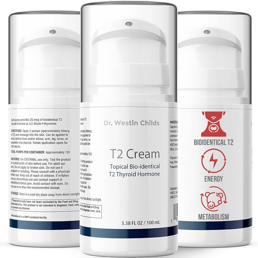 Dr. Westin Childs T2 Cream - T2 Thyroïde Support pour les femmes avec bioidentique 3,5 Diodo-l-thyronine sous forme de lotion pour l'équilibre hormonal en hypothyroïdie, Hashimoto, Thyroïdectomie & Rai, 60 portions
