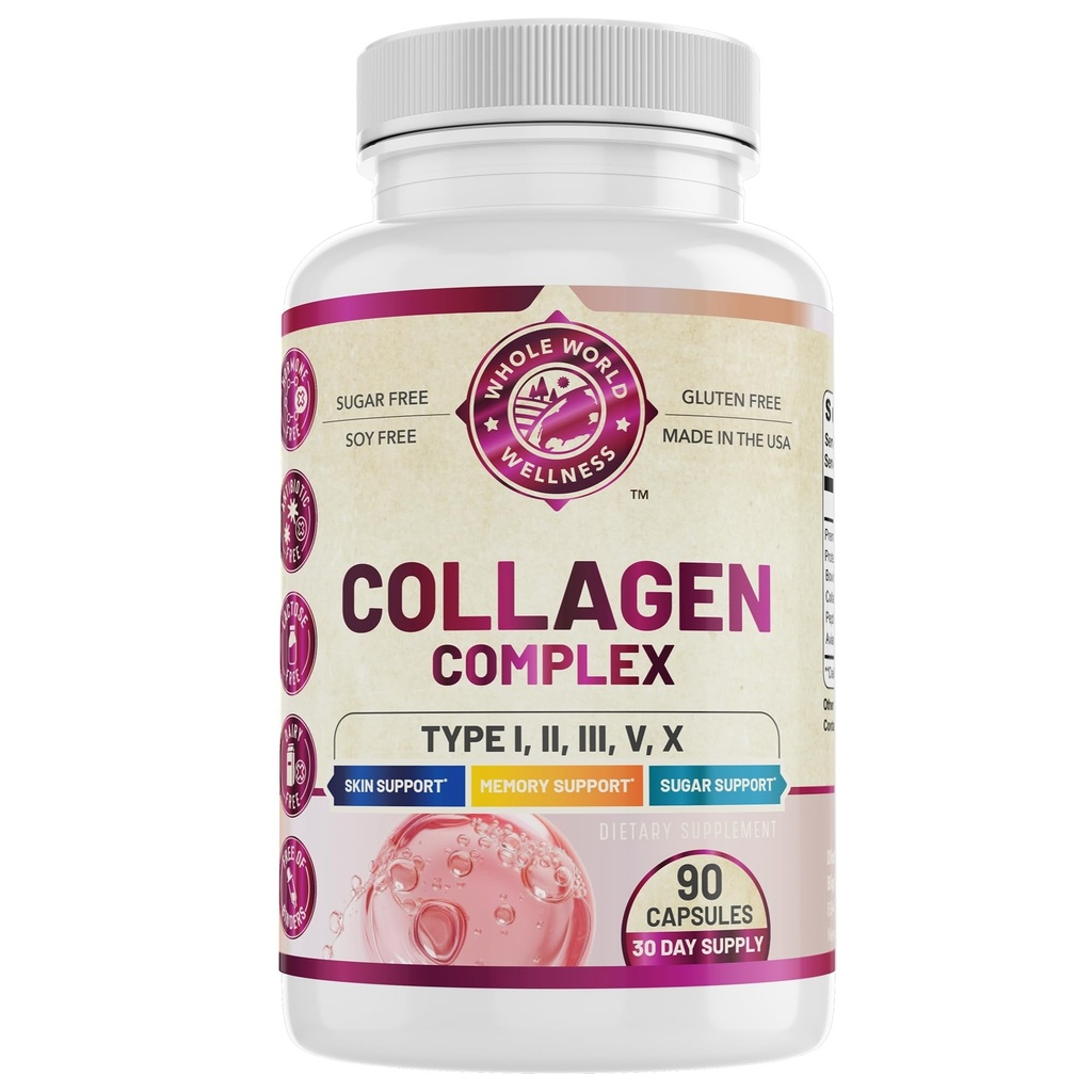 Collagen Complex Supplement | Supports Skin Hair & Nails, Energy & Memory | Non-GMO, Gluten Free, Dairy Free | 90 Capsules | Made in The USA.