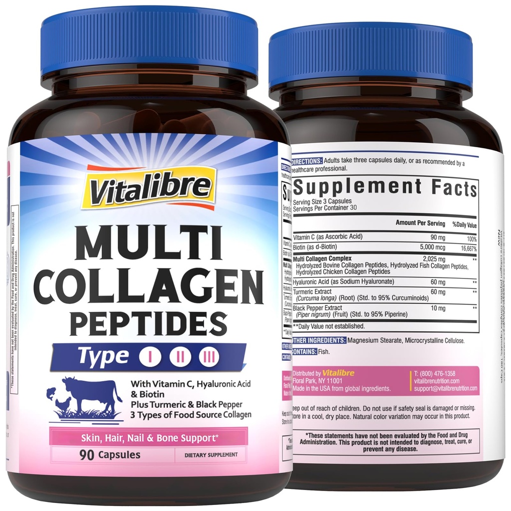 Vitalibre Multi Collagen Peptides, Hydrolyzed, Type I, II, III, Vitamin C, Biotin, Hyaluronic Acid, Turmeric & Black Pepper, Skin, Hair, Nail & Mobility Support, Non-GMO, 90 Caps