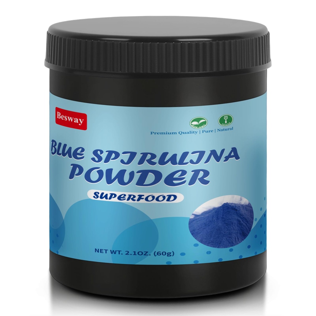 Blue Spirulina Powder 60g, 60 Servings Natural Blue Food Coloring for Baking, Drinks & Smoothies, Vegan Protein Superfood Supplement, Non-GMO, Water-Soluble, Odorless, No Artificial Dyes (Light Blue)