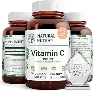 Supplément naturel de vitamine C Nutra 500 mg, système immunitaire boost, favorise la santé cardiaque, aide à réglementer le métabolisme, aide favorise la régulation des fluides et la texture de la peau, santé globale du corps, 100 comprimés végétaliens