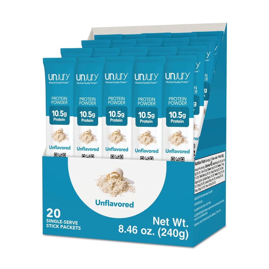 Unjury Whey Protein Powder Individual Stick Packs | Unflavored | 10.5g 100% Whey Isolate Protein Powder | Low Carb and Lactose Free | Gluten Free | Certified Kosher | 20 Servings