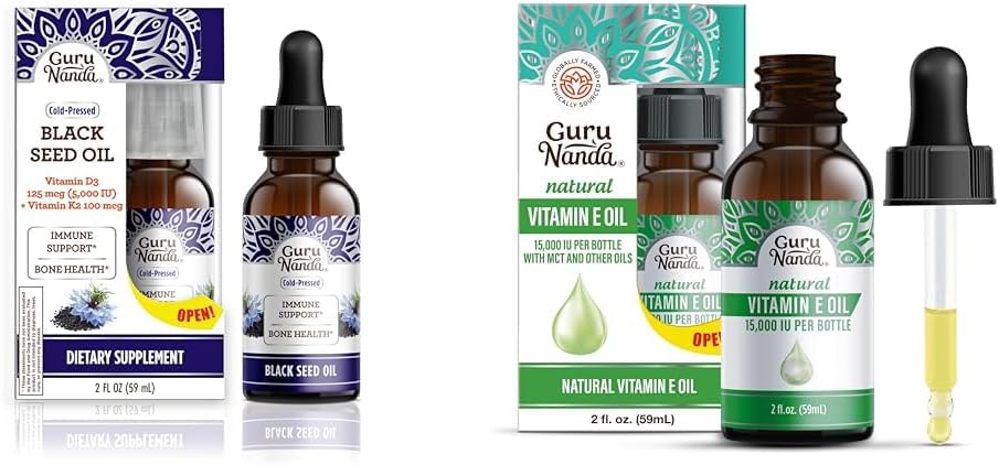 GuruNanda Black Seed Oil, Nigella Sativa pressée à froid - Riche en vitamine D3 5000 unités, K2 & E & huile de vitamine E (2 Fl Oz) - 100% pure et naturelle, 15 000 UI par bouteille pour la peau, les cheveux, le visage