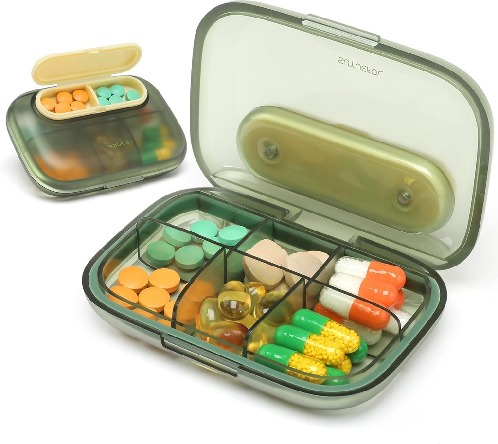 Toplive 6 Compartiments Petite Pill Case Travel Pill Organizer Pocket Medicating Travel Case Portable Petite Pill Container avec Magnet Light-Proof Mini Pill Box, Vert