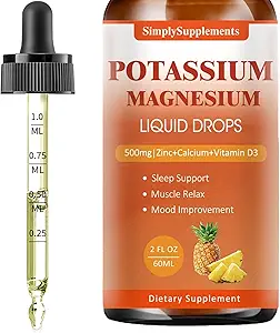 Supplément de magnésium de potassium - Potassium 99mg & 500mg Magnésium Glycinat complexe gouttes liquides avec calcium, zinc, vitamine B6, D3 - Énergie et os et soutien musculaire - 2 Fl oz