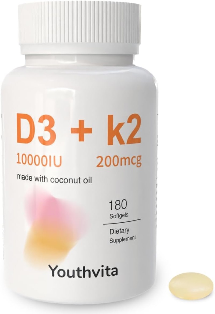 d3 k2 Vitamine 10000 iu, 180 softgels à l'huile de noix de coco, 2 en 1 Vitamines Supplément D3 10000 UI & K2 (MK7) 200 mcg, facile à avaler, soutient l'absorption de calcium, l'immunité osseuse et la santé cardiaque