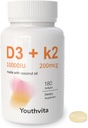d3 k2 Vitamine 10000 iu, 180 softgels à l'huile de noix de coco, 2 en 1 Vitamines Supplément D3 10000 UI & K2 (MK7) 200 mcg, facile à avaler, soutient l'absorption de calcium, l'immunité osseuse et la santé cardiaque