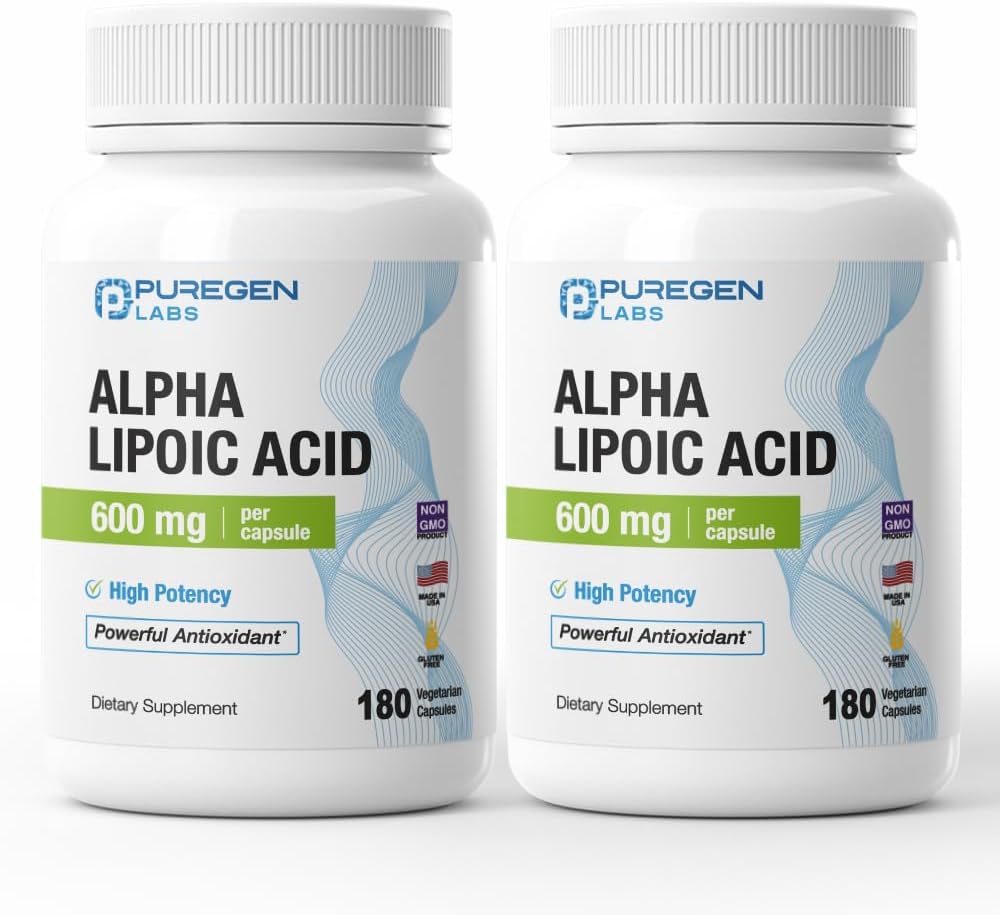 Puregen Labs Alpha acide lipoïque 600mg [haute puissance] Total 360 capsules de légumes, soutien antioxydants.