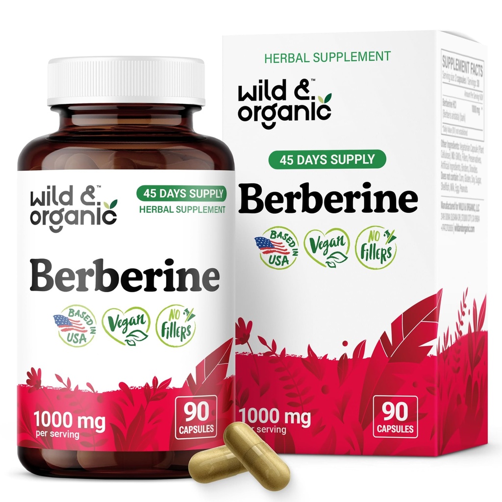 Wild & Organic Berberine Capsules 1000 mg - Antioxidant & Overall Support - Pure Berberine HCL Powder - Berberis Aristata Bark Supplement - Vegan, No Fillers, Non-GMO - 90 Count