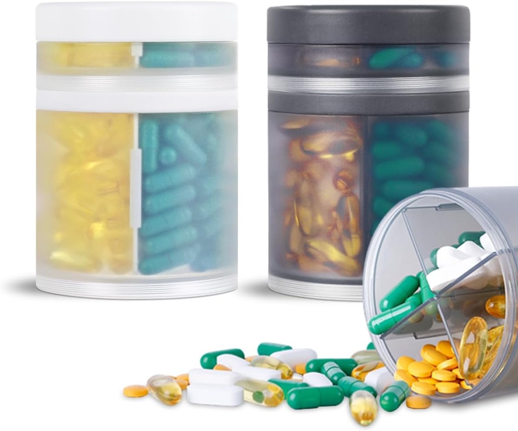 2 Pack KIGI Large Capacity Medicine Organizer and Pill Case with 4 Compartments