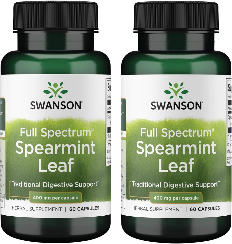 Swanson Spearmint Leaf (Mentha Spicata) - Supplément à base de plantes à spectre complet appuyant les questions de santé digestive et d'estomac léger - (60 capsules, 400 mg chacune) (2 boîtes)