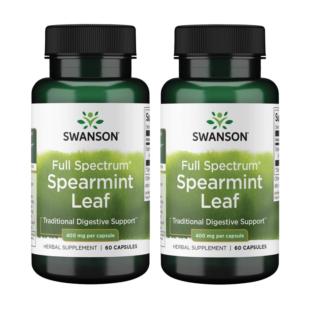 Swanson Spearmint Leaf Full Spectrum Digestive Supplement for Digestive-Comfort-Seeking Adults - 400 mg Mentha Spicata (60 Capsules, 2 Pack)