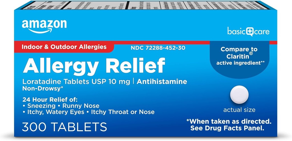 Soins de base Allergie Relief Loratadine Comprimés 10 mg, 300 Nombre (L'emballage peut varier)