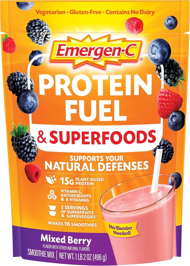Poudre de protéines Emergen-C Fuel et superaliments (16 portions, saveur de baies mélangées) Mélange à base de plantes et de légumes avec superaliments biologiques, vitamine C et autres antioxydants