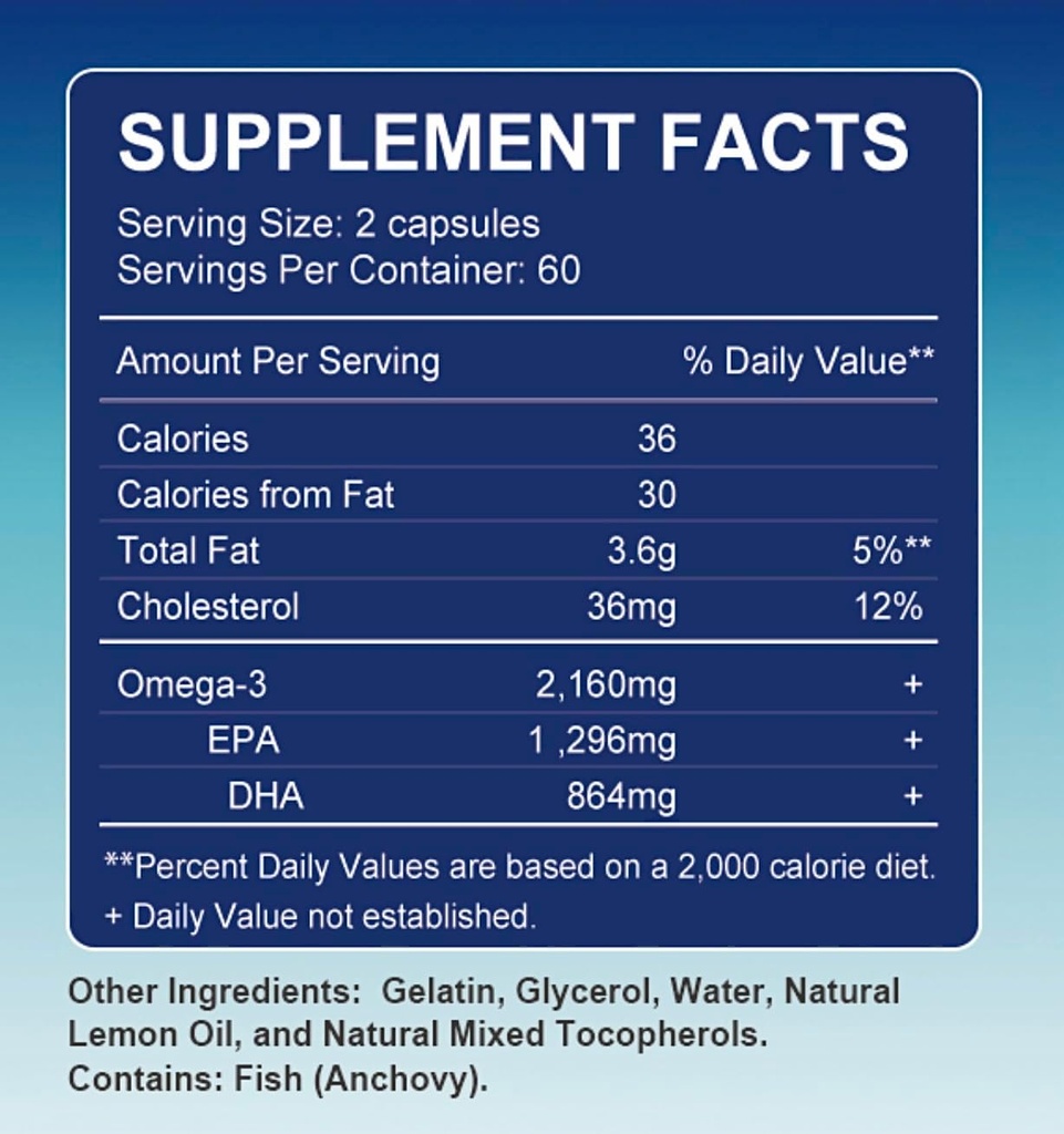 Triple Strength Omega-3 2160mg + EPA 1296mg + DHA 864mg + Supplément naturel pour le soutien du coeur et du sang en santé, 120 Softgels, 60 jours d'approvisionnement