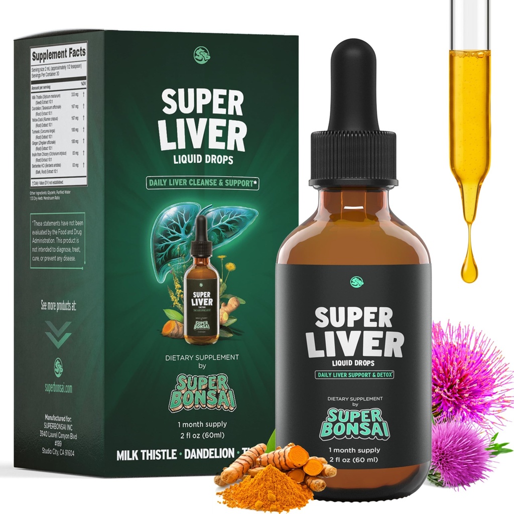 SuperBonsai Super Liver Support with Milk Thistle - All Natural Liver Cleanse Detox & Repair Aid - Doctor-Formulation de supplément hépatique - Suppléments à base de plantes liquides pour la santé du foie - 1 mois d'approvisionnement