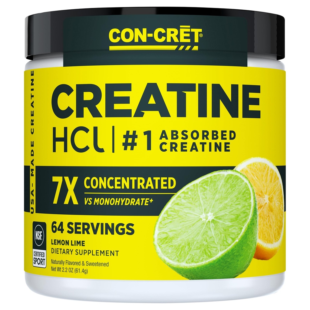 CON-CRET Concentrated Creatine HCL Powder - supports Muscle, Cognitive, Cellular Energy | No Bloating or Cramps | USA Made & NSF Certified | 60 Micro-dosed servings | Lemon Lime Flavour (57.6gms)