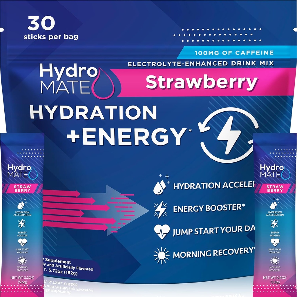 HydroMATE Electrolytes Poudre Boisson Mélange Packets Accélérateur d'hydratation Faible sucre Récupération rapide du soulagement des parties Vitamine C Plus Fraise de caféine 30 Compte