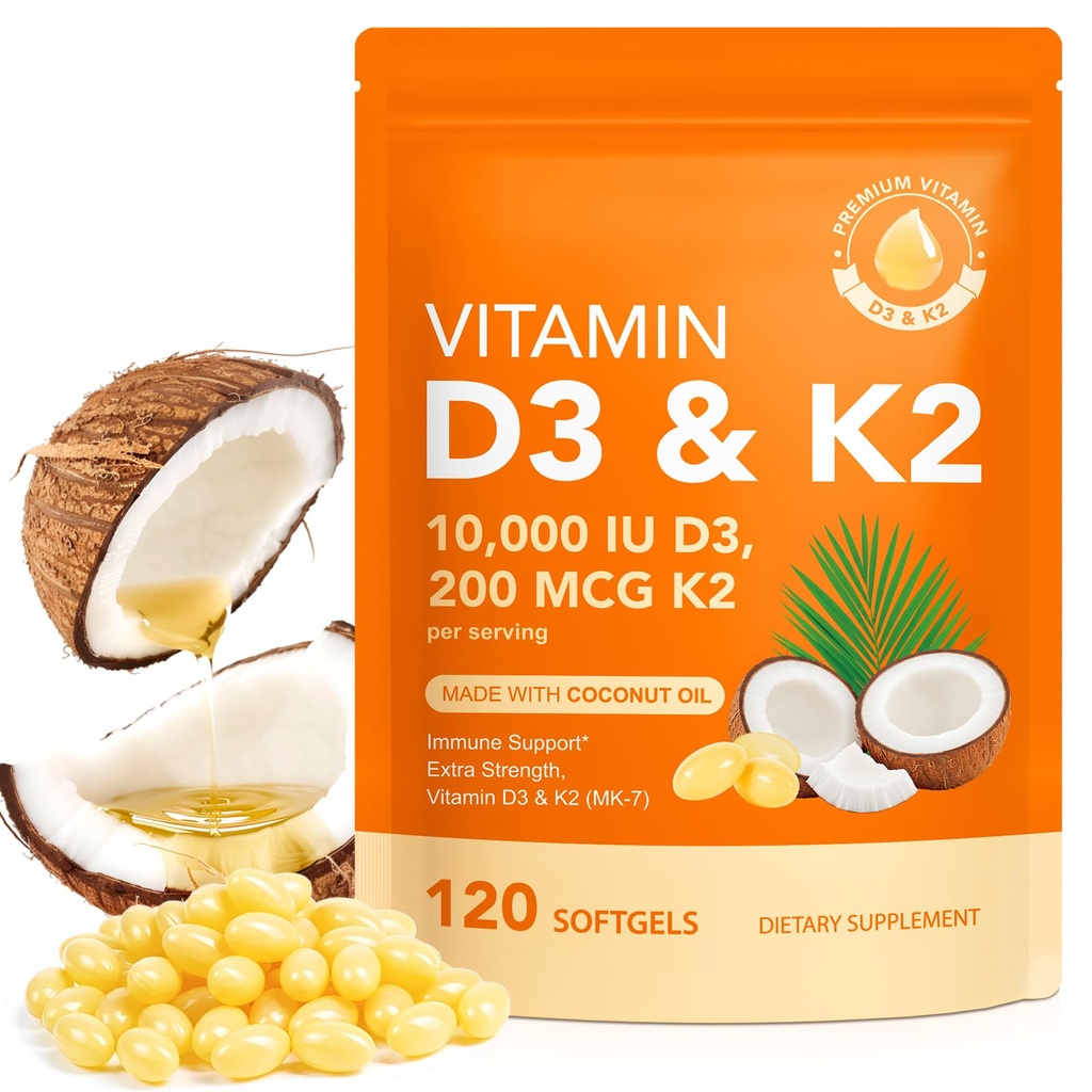 Vitamin D3 K2 Supplement Softgel, D3 K2 Vitamin 10000 IU Supports Immune, Heart, Teeth & Bone Health, Easy to Swallow & Non-GMO, 120 Softgels