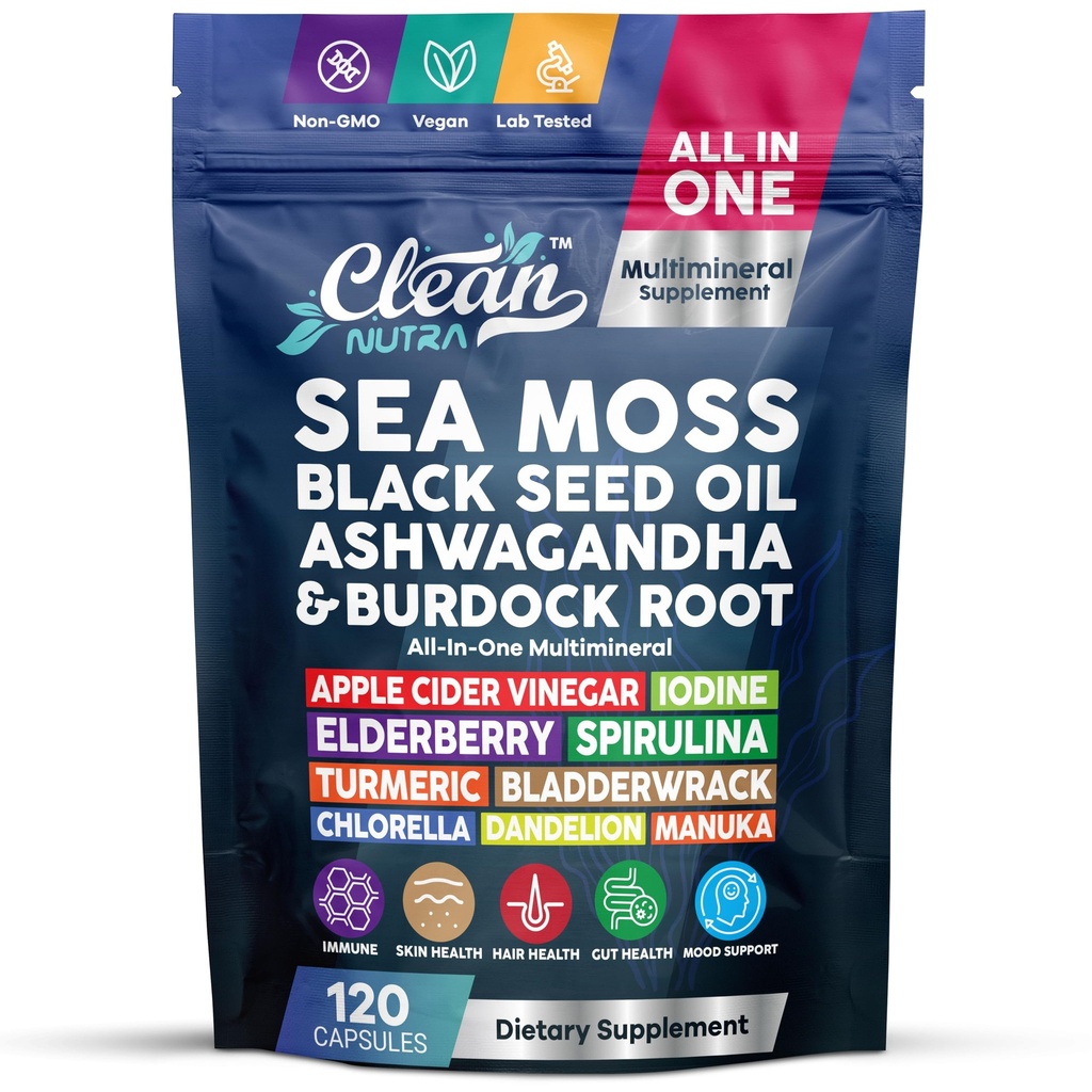 Clean Nutraceuticals Sea Moss Black Seed Oil Ashwagandha Turmeric Bladderwrack Burdock & Vitamin C Vitamin D3 with Elderberry Manuka Dandelion (120 Count (Pack of 1))