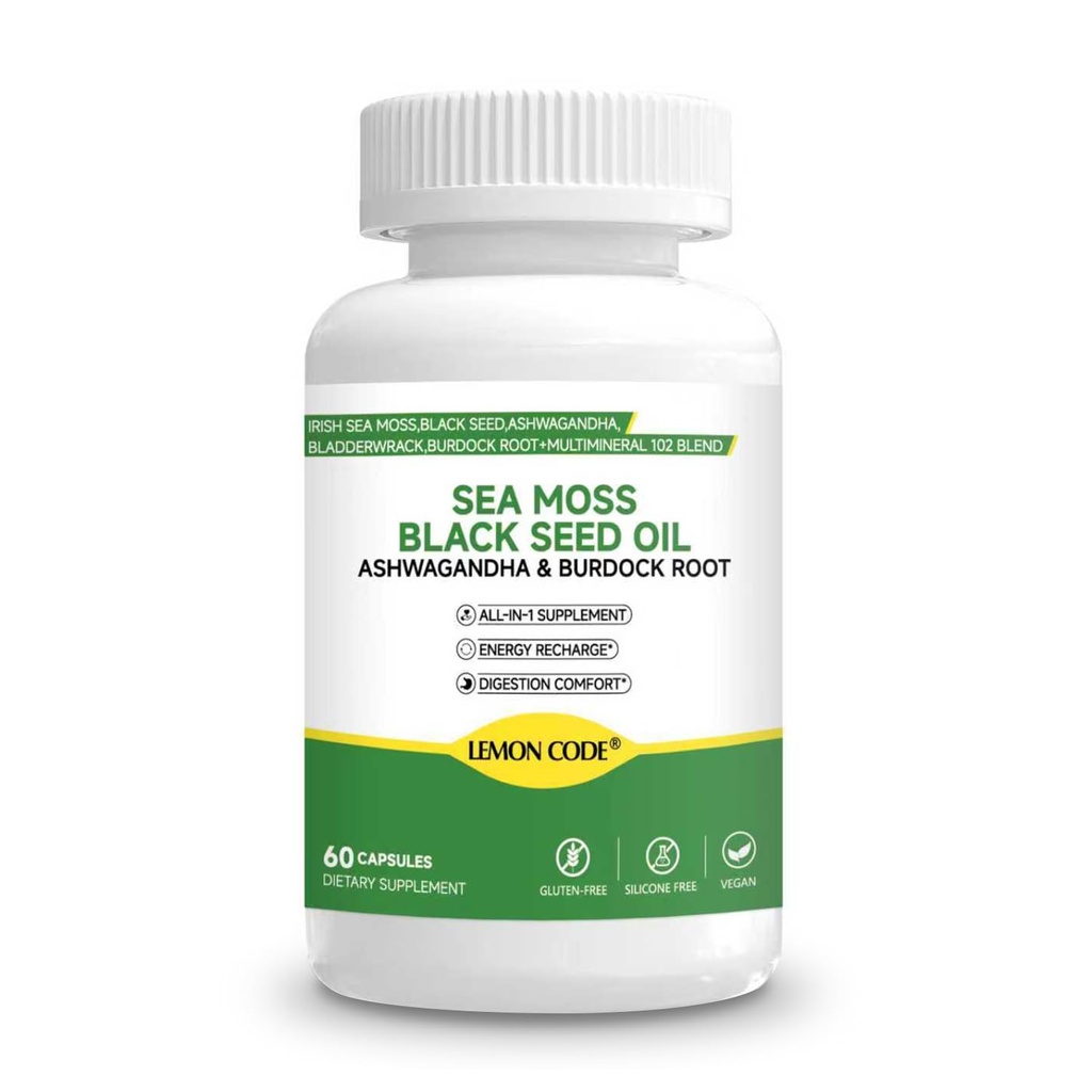 Sea Moss & Black Seed Oil Capsules with Burdock & Bladderwrack & Ashwagandha, Vitamin C&D,Natural Herbal Complex for Daily Balance, Energy & Digestive Support, Vegan, Non-GMO, 60 Capsules