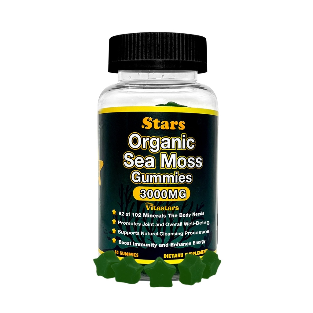 Organic Sea Moss Gummies with Apple Cider Vinegar, Burdock Root & Bladderwrack - Seamoss Gut Health & Immune Support Supplement for Men & Women, 3000 mg, 60 Star-Shaped Gummies