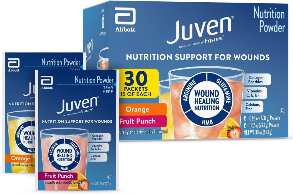 Juven Therapeutic Nutrition Drink Poudre incluant les peptides de collagène, les acides aminés et le HMB pour le soutien de la guérison des plaies, le pack de variétés : Punch orange et fruit, 30 paquets