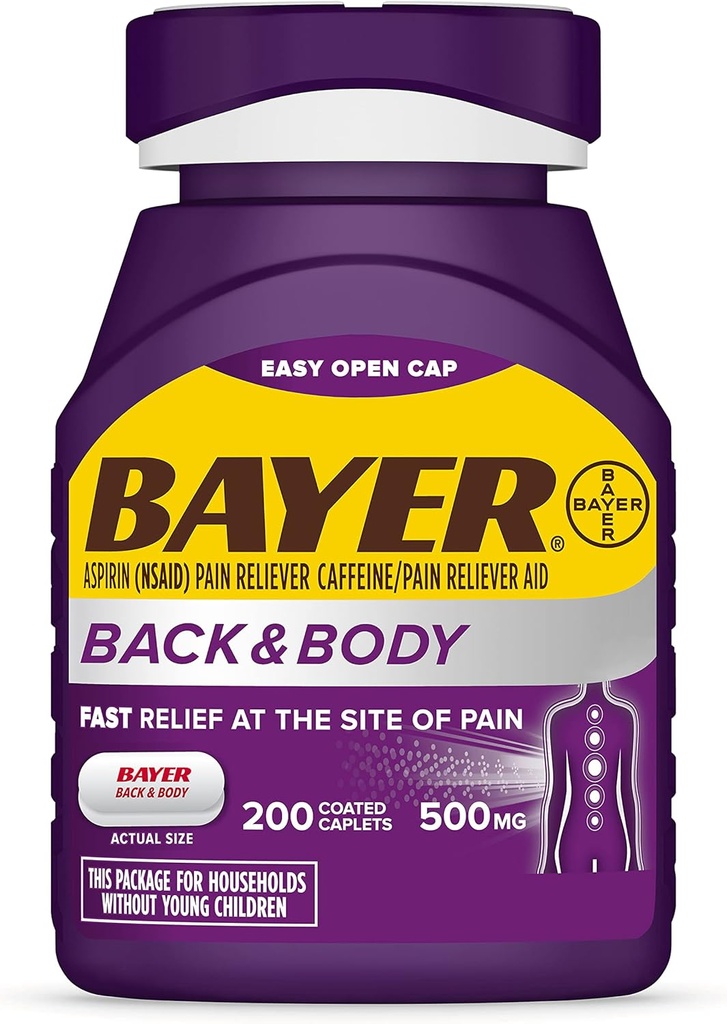 Bayer Extra Strength 500mg Aspirine Plus Caféine pour soulager la douleur, 200 Caplets enduits