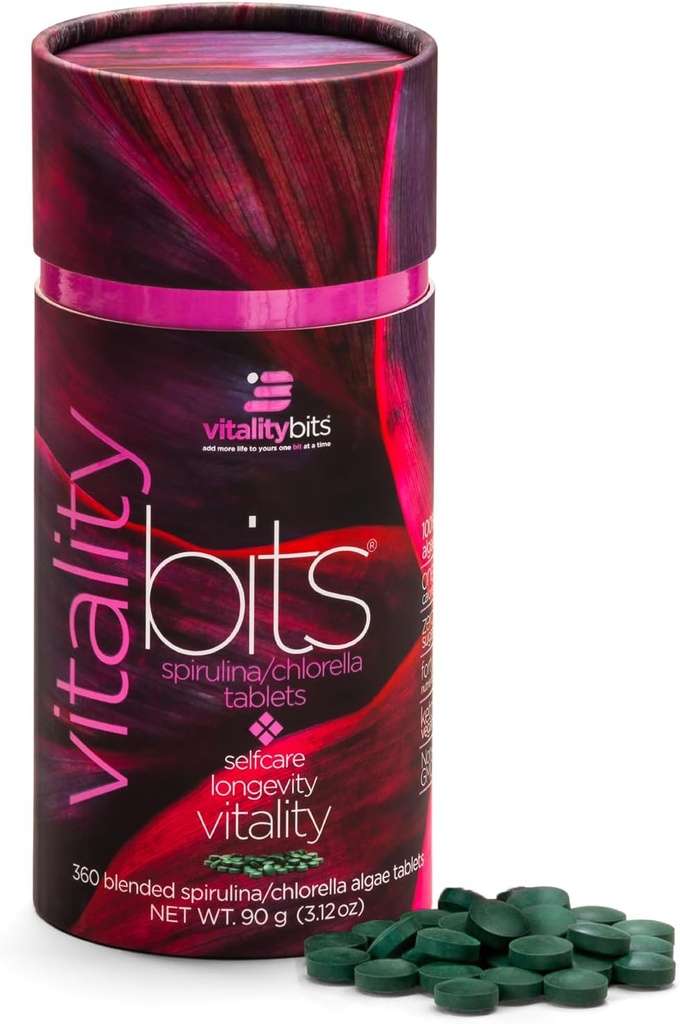 VITALITYbits - Organic Blended Spirulina & Chlorella Tablets - Algae Superfood - Energy, Self Care, Beauty - Replace Greens, Supplements, Protein, Snacks - Vegan, Keto, Gluten Free - 360 Tablets