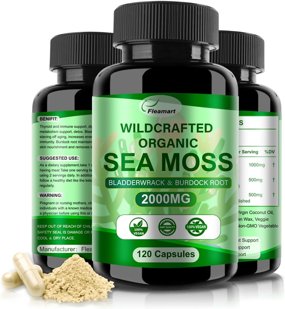 Irish Sea Moss Capsules 120ct Raw Sea Moss Wildcrafted Bladderwrack Burdock Root Capsules Super Food Immune Système Digestion santé Pilules de mousse de mer