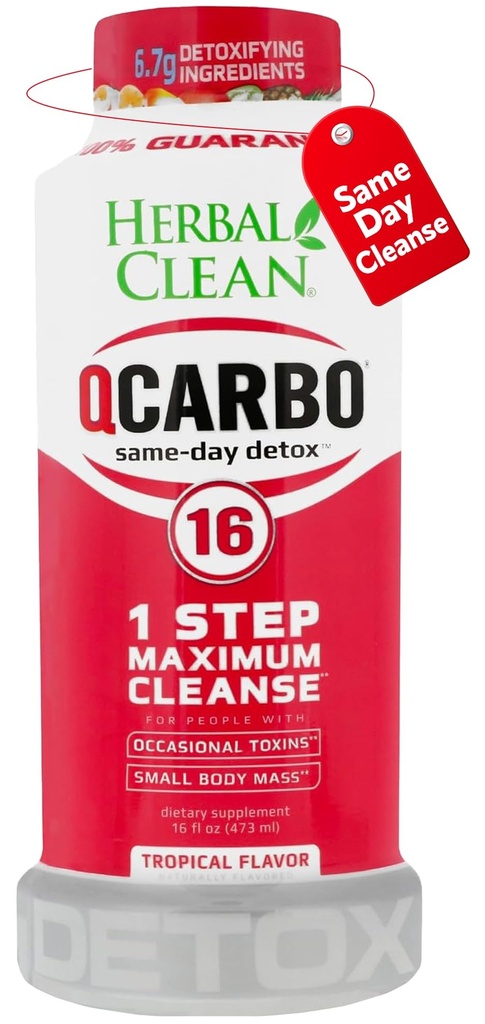 Herbal Clean Qcarbo16 Same-Day Detox Cleanse Drink (16 fl oz) - Tropical Flavor Full Body Cleanse* Detox Drink for Moderate Toxin Level*, Vitamin B2 and Vitamin B12 for Men & Women