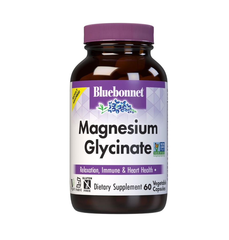 Bluebonnet Magnésium Glycinate, Production d'énergie*, Fonction enzymatique*, Non-OGM certifié par NSF, Vegan, Kosher certifié, sans gluten, sans soja, sans lait, 60 capsules végétales, 15 portions